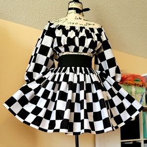 Elegant Black and White Checkered Off-Shoulder Mini Dress